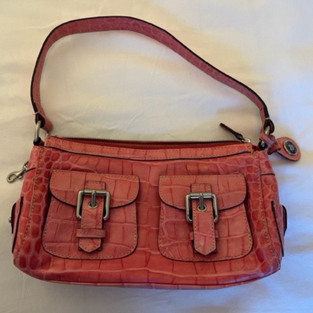 Vintage Dooney & Bourke Hot Pink Moc Croc Leather Double Pocket Handbag